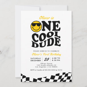 Retro One Cool Dude Smile Face Boy 1st Birthday Invitation