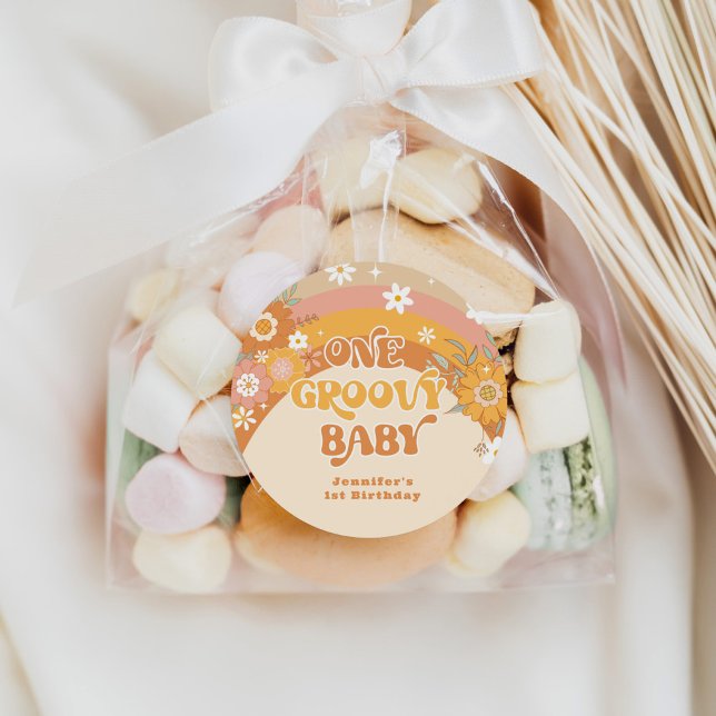 Retro one groovy baby birthday classic round sticker (Creator Uploaded)