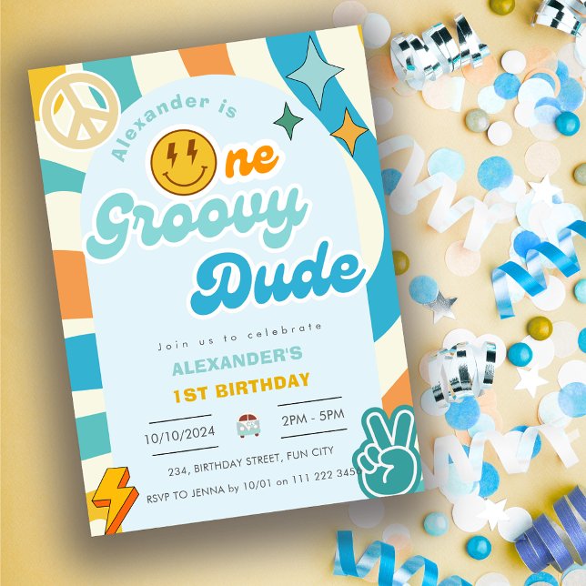 Retro One Groovy Dude Boy 1st First Birthday Invitation (Retro One Groovy Dude Boy 1st First Birthday Invitation)