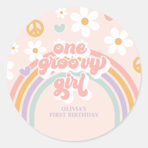 Retro One Groovy Girl Rainbow 1ST Birthday Classic Round Sticker