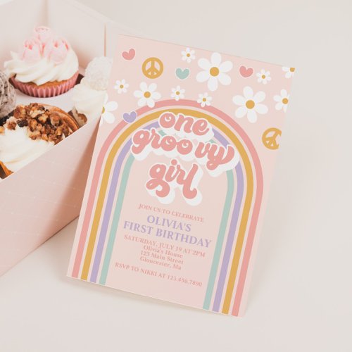 Retro One Groovy Girl Rainbow 1ST Birthday Invitation