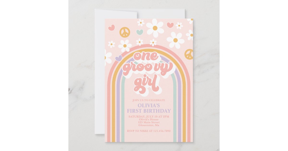 Retro One Groovy Girl Rainbow 1ST Birthday Invitation | Zazzle