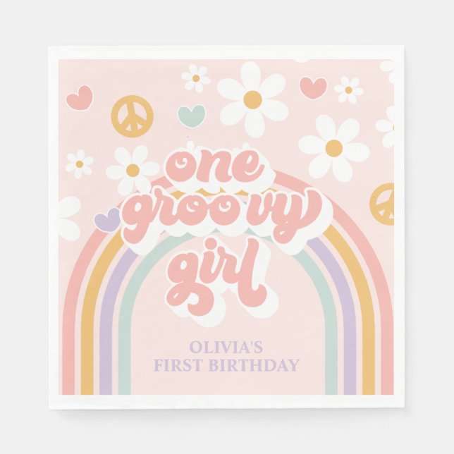Retro One Groovy Girl Rainbow 1ST Birthday Napkins (Front)