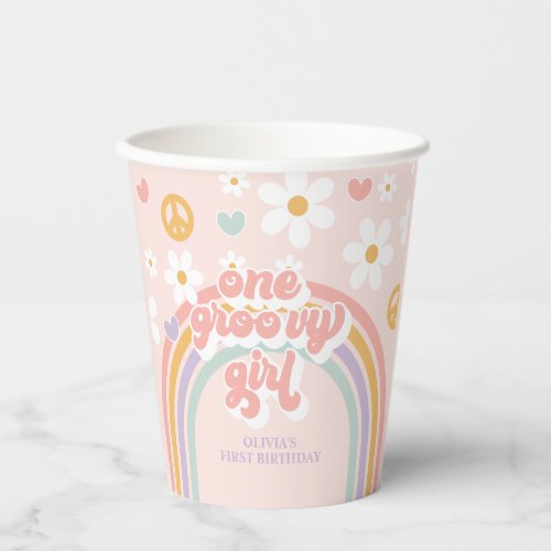Retro One Groovy Girl Rainbow 1ST Birthday Paper Cups