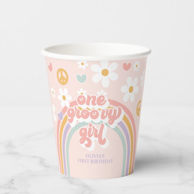 Retro One Groovy Girl Rainbow 1ST Birthday Paper Cups (Front)