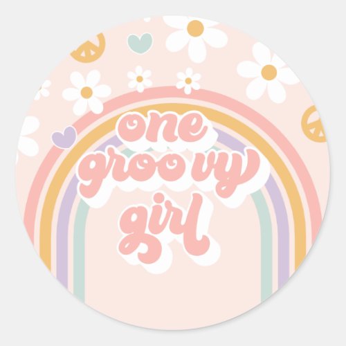 Retro One Groovy Girl Rainbow Birthday Classic Round Sticker