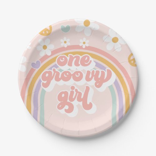 Retro One Groovy Girl Rainbow Birthday Paper Plates