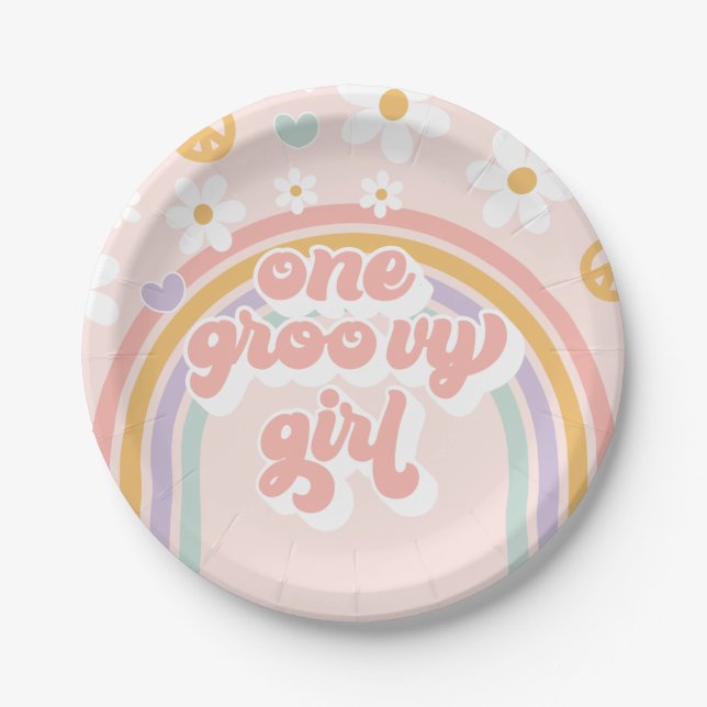Retro One Groovy Girl Rainbow Birthday Paper Plates (Front)