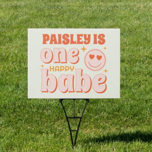 Retro One Happy Babe First Birthday Yard Sign