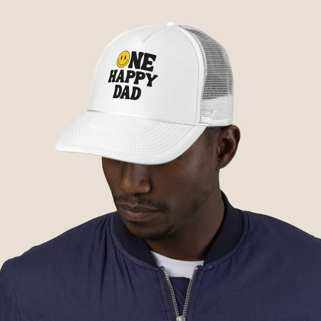 Retro One Happy Dad Smile Face Birthday Trucker Hat (In Situ)