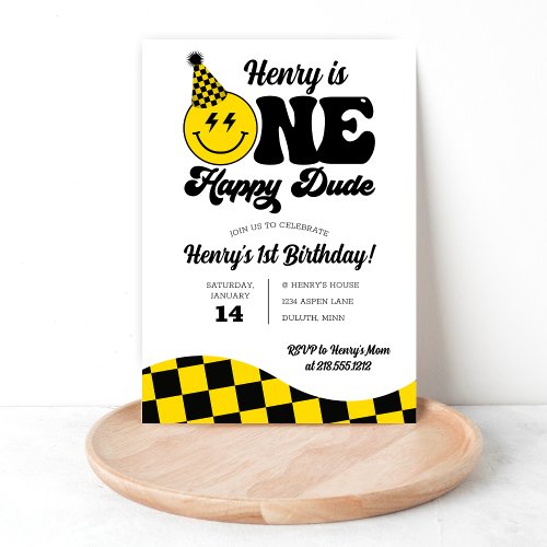 Retro One Happy Dude 1st Birthday Invitation