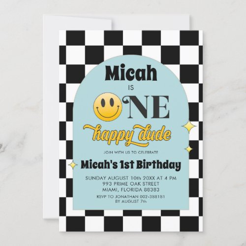 Retro One Happy Dude Birthday Invitation