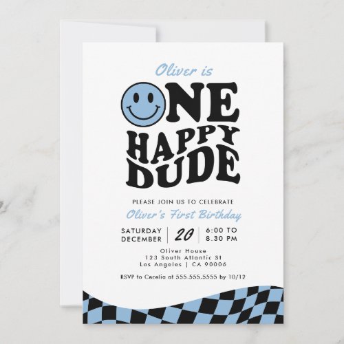Retro One Happy Dude Blue Smile Face 1st Birthday Invitation