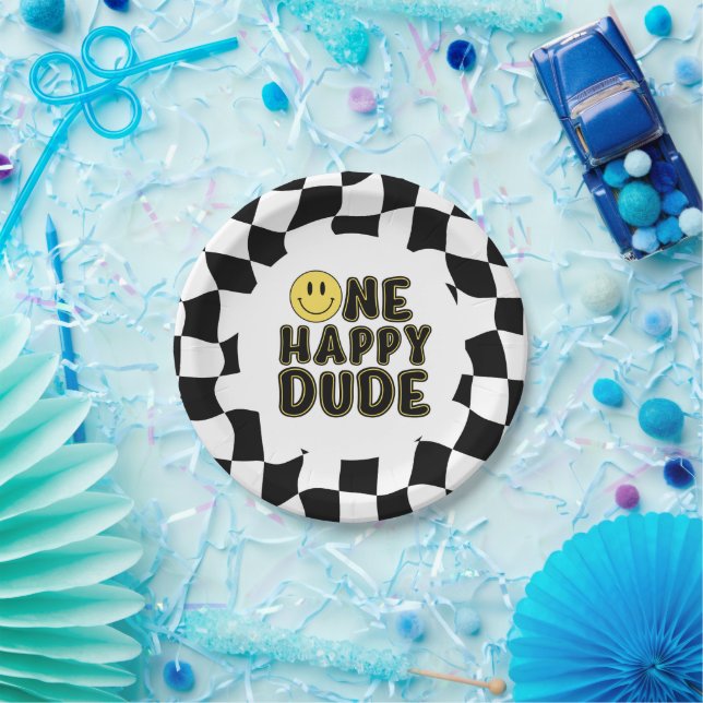 Retro One Happy Dude First Birthday Party Paper Plates (Party)