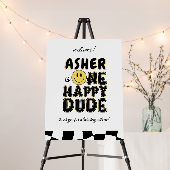 Retro One Happy Dude First Birthday Welcome Sign (In Situ (Stand))