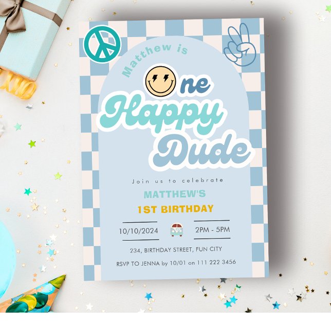 Retro One Happy Dude Groovy Boy 1st First Birthday Invitation (Retro One Happy Dude Groovy Boy 1st First Birthday Invitation)