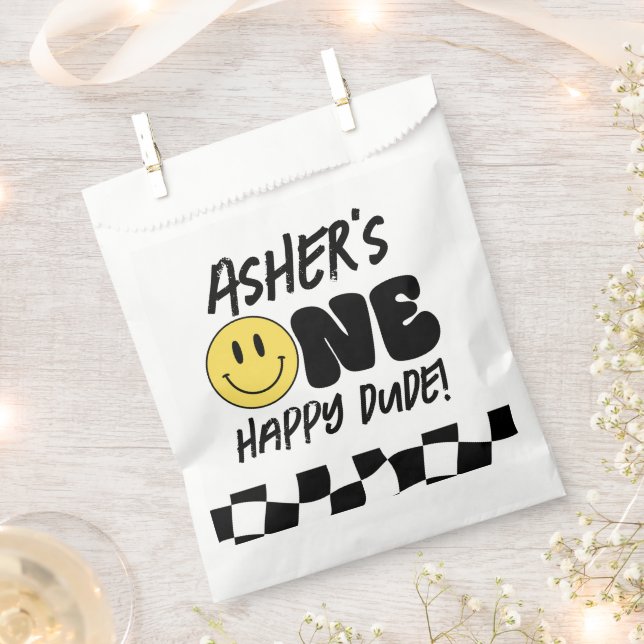 Retro One Happy Dude Happy Face first Birthday  Favor Bag (Clipped)