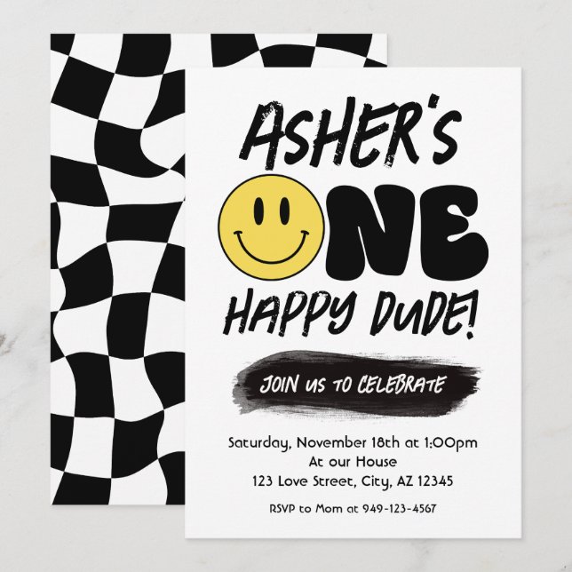 Retro One Happy Dude Happy Face first Birthday Invitation (Front/Back)