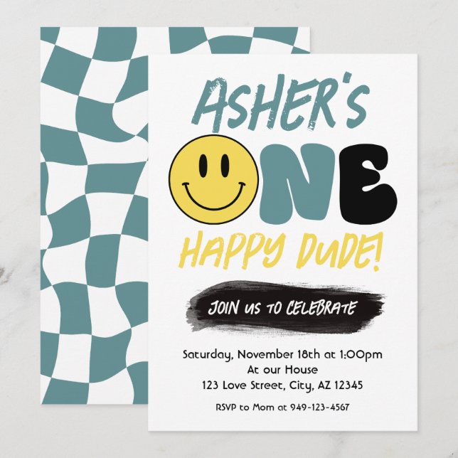 Retro One Happy Dude Happy Face first Birthday   Invitation (Front/Back)