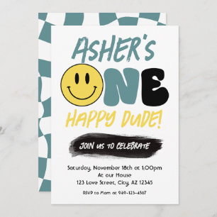 Retro One Happy Dude Happy Face first Birthday Invitation