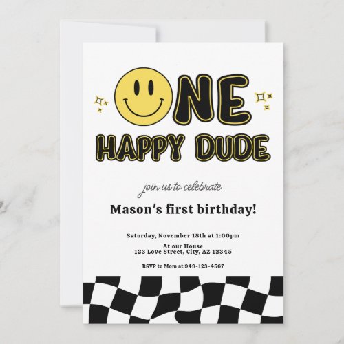 Retro One Happy Dude Happy Face first Birthday Invitation