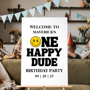 Retro One Happy Dude Smile Face Boy 1st Birthday Acrylic Sign