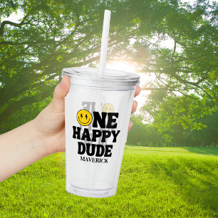 Retro One Happy Dude Smile Face Boy 1st Birthday Acrylic Tumbler