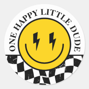 Retro One Happy Dude Smile Face Boy 1st Birthday Classic Round Sticker