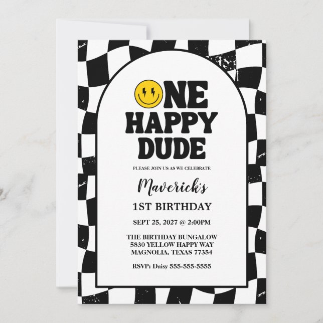 Retro One Happy Dude Smile Face Boy 1st Birthday Invitation (Front)