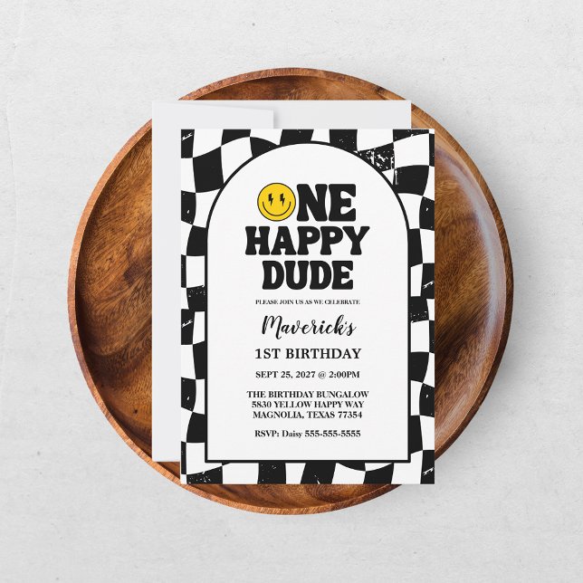Retro One Happy Dude Smile Face Boy 1st Birthday Invitation (Creator Uploaded)