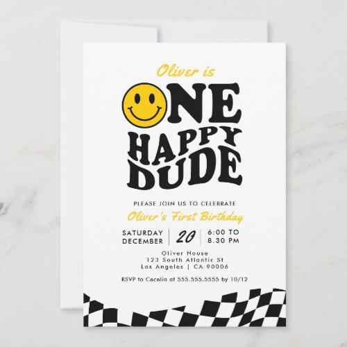 Retro One Happy Dude Smile Face Boy 1st Birthday Invitation