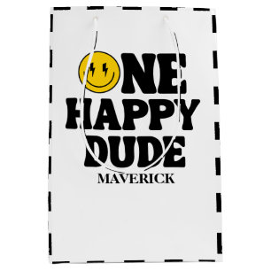 Retro One Happy Dude Smile Face Boy 1st Birthday Medium Gift Bag