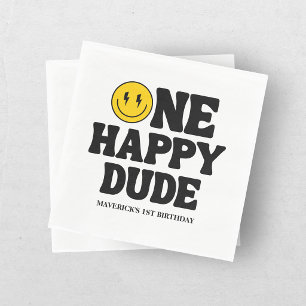 Retro One Happy Dude Smile Face Boy 1st Birthday Napkins
