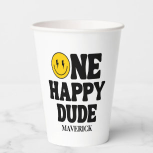 Retro One Happy Dude Smile Face Boy 1st Birthday Paper Cups