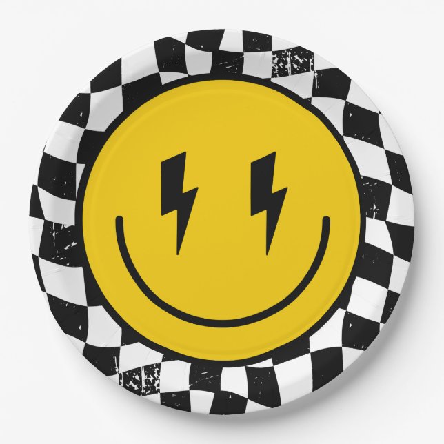 Retro One Happy Dude Smile Face Boy 1st Birthday Paper Plates (Front)