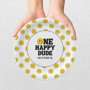 Retro One Happy Dude Smile Face Boy 1st Birthday Paper Plates
