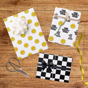Retro One Happy Dude Smile Face Boy 1st Birthday Wrapping Paper Sheets