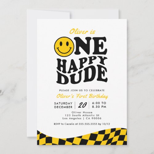 Retro One Happy Dude Yellow Smile Boy 1st Birthday Invitation