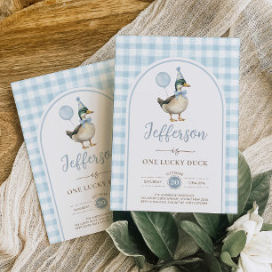 Retro One Lucky Duck Blue Balloon Boy 1st Birthday Invitation