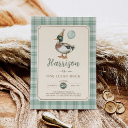Retro One Lucky Duck Green Balloon 1st Birthday Invitation