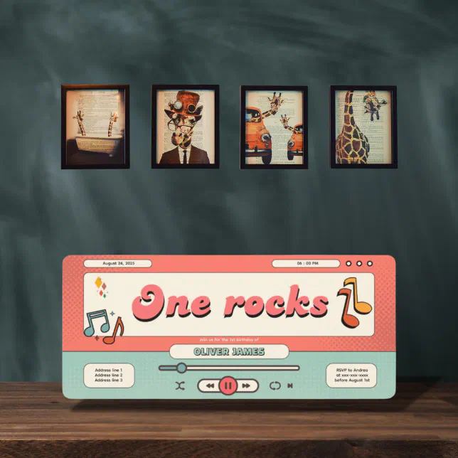 Retro one rocks, music player 1st birthday invitation | Zazzle