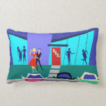 Retro Open House Party Lumbar Pillow<br><div class="desc">This Retro Open House Party Lumbar Pillow will put you in the partying mood. The cartoon design features the exterior of a mid century modern house. Through the floor to ceiling turquoise glass walls, we can see the navy blue silhouettes of festive party goers. There is a couple chatting in...</div>
