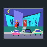 Retro Open House Party Postcard<br><div class="desc">This Retro Open House Party Postcard will put you in the partying mood. The cartoon design features the exterior of a mid century modern house. Through the floor to ceiling turquoise glass walls, we can see the navy blue silhouettes of festive party goers. There is a couple chatting in front...</div>