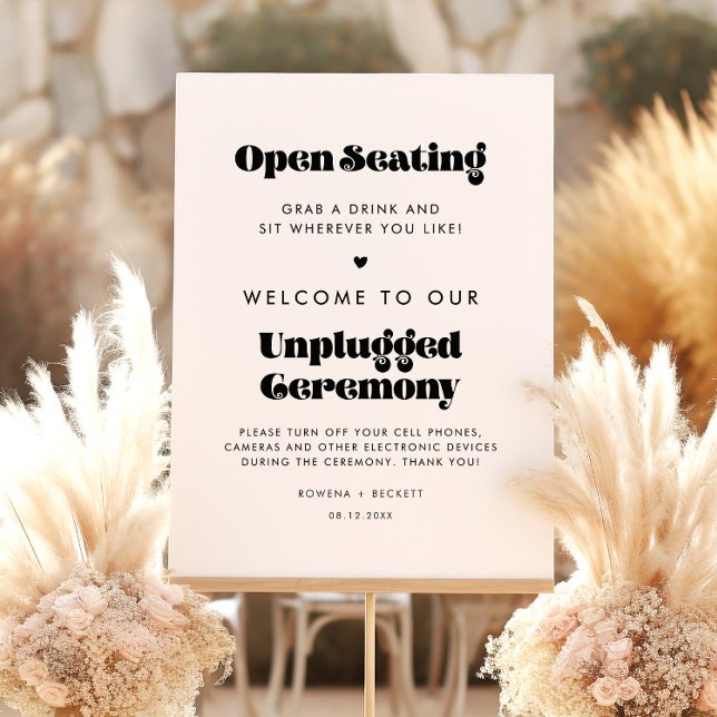 Retro Open Seating Unplugged Ceremony Wedding Sign (Creator Uploaded)