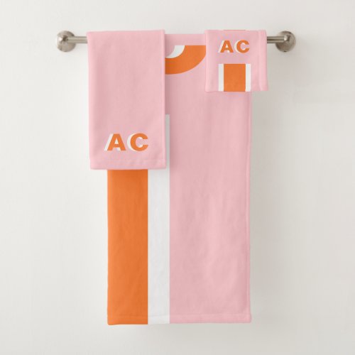 Retro Oragne Pink Minimalist Monogrammed Bath Towel Set