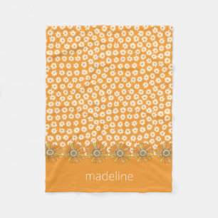 Retro Orange 70s Vintage Floral Fleece Blanket
