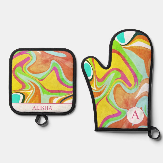 Retro Orange Abstract Artistic Custom Oven Mitt & Pot Holder Set (Front)