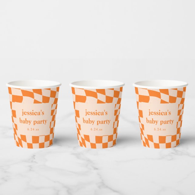 Retro Orange Abstract Check Custom Baby Shower Paper Cups (Multi)