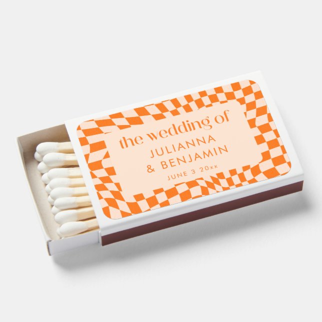 Retro Orange Abstract Check Custom Wedding Names Matchboxes (Front Open)