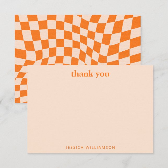 Retro Orange Abstract Check Personalized Shower Thank You Card (Front/Back)